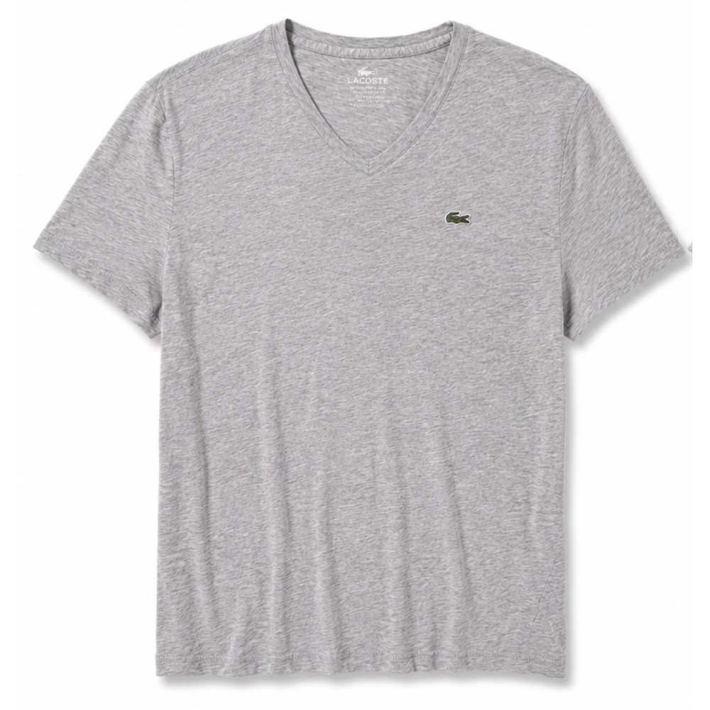 Lacoste Men Grey Pima Cotton V-Neck T-Shirt Short Sleeve Logo Tee Size Lg